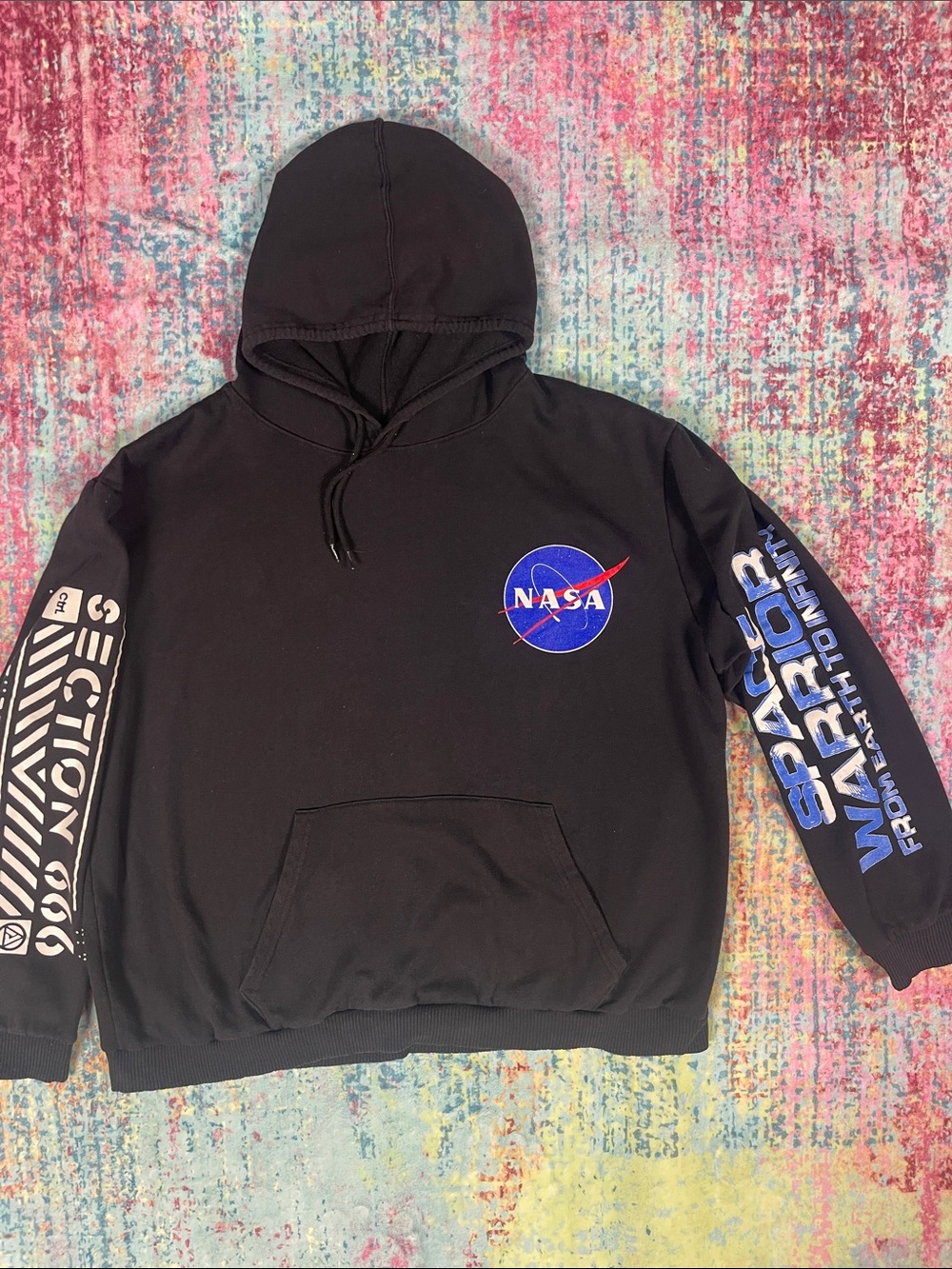 💕NASA Black Graphic Hoodie with Space Warrior Sleeve Print